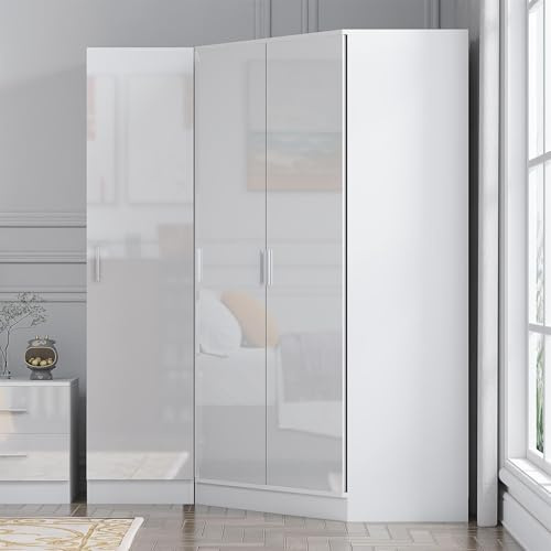 Reflect 2 Piece Wardrobe Bundle | 2 Door Corner + 1 Door Plain | White Gloss & Matt White Finish | H: 180cm x W: 141cm x D: 103cm | Modern Bedroom Furniture Storage Solution