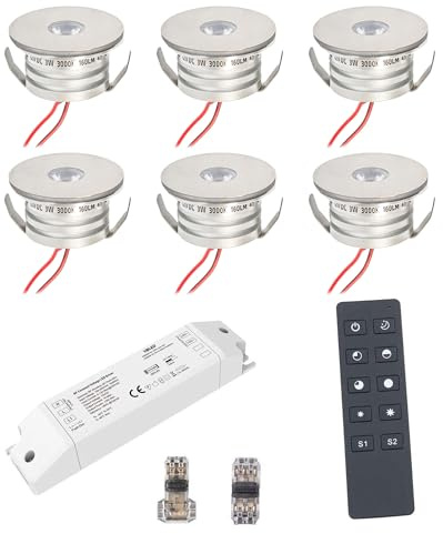 VBLED® 6er Funk Set 3W Mini-Einbauspot Einbaustrahler warmweiß 3000K IP44 12V DC Warmweiss Inkl.LED Trafo und Verbinder Unbegrenzte Möglichkeiten: Terrasse, Bad, Wohnbereich [Energieklasse A+]