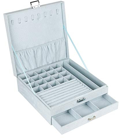 Boîte à bijoux 2 couches avec tiroirs, boîte de rangement multifonctionnelle pour bijoux en velours, boîte de présentation de bijoux pour colliers, bagues, boucles d'oreilles, montres (gris)