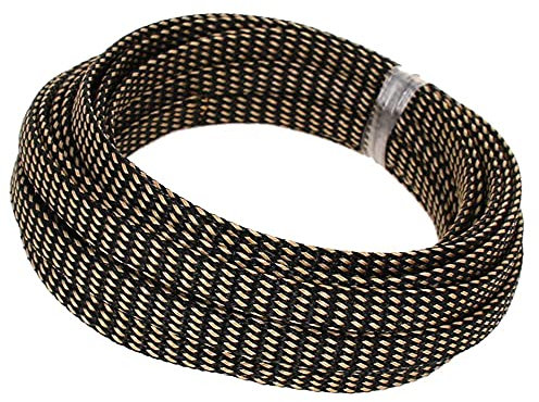 Aicosineg 16.4ft PET Flexible Braided Cable Sleeve 0.33inch Width Wire Loom Sleeving and Organizer Flexible Wire Mesh Sleeve Wrap Protector for TV Audio PC Cords from Pets Chewing Black and Gold