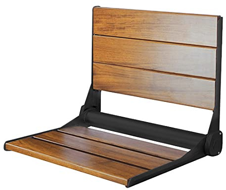 18 Folding Serena Teak Wood Shower Bench Seat Black, ADA-Inspired Accessibility Design, Clear Coated for Extra Protection & Smooth Modern Finish, Foldable Wall-Mounted Fold Up Bathroom Seating Chair