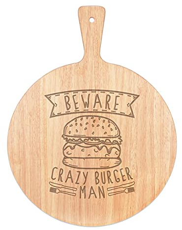 Beware Loco Hamburguesa Hombre Pizza Tabla Paleta Bandeja Mango Redondo de Madera 45x34cm
