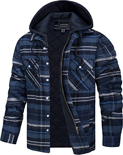 TACVASEN Herren Kariert Hemdjacke Gefüttert Holzfällerhemd Flanellhemd Übergangsjacke Freizeithemden mit Abtrennbare Kapuze