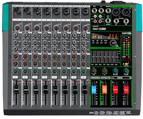 Depusheng PA8 Professional Audio Mixer Sound Board Console Desk System Interface 8 Channel Digital USB Bluetooth MP3 Computer Input 48V Phantom Power Built-in 256 Reverb Effect, Black