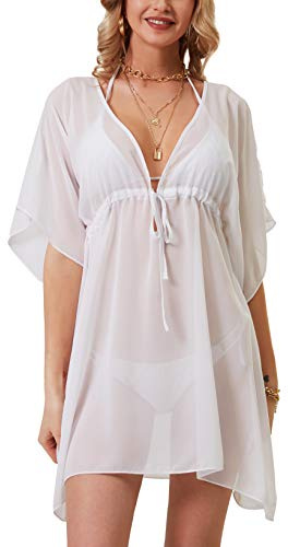 sy soul young Chiffon Strandkleid damen Sommer Badeanzug V-Ausschnitt(Einheitsgröße,Weiß)
