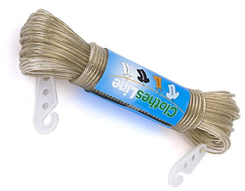 Washing Line Rope with Steel Core, Heavy Duty Laundry Lines with 2 Tensioners, PVC Covered Clothes Line for Indoor, Outdoor, Garden (20M) Champagne