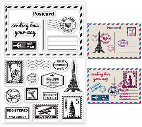 GLOBLELAND Tema de Postal de la Vendimia Gastos de Envío Sello Transparente Sello de Silicona Sellos Transparentes de Goma para Hacer Tarjetas DIY Decoración de Álbum de Recortes