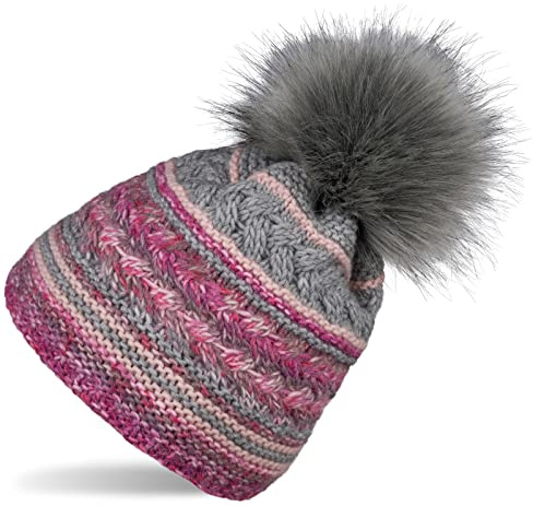 styleBREAKER Damen Strick Bommelmütze Mustermix | Isolierendes Thermo-Fleece-Futter, 12 cm Fake-Fur-Pompon aus Polyacryl-Wolle-Mix, elastischer Bund (47-59 cm Umfang).