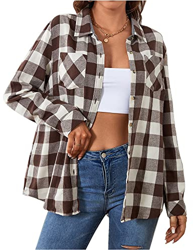 Chickwin Chemise Femme a Carreaux Chaude en Flanelle Blouse Chic avec Bouton à Manches Longues Coupe Classique Décontractée Automne Hiver Mode Veste Cardigan