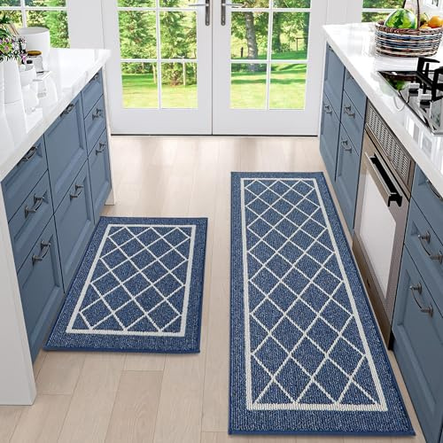 BEQHAUSE-Kitchen-Rugs-Washable-Kitchen-Mats-for-Floor Non-Slip Kitchen Mats Set of 2 Absorbent Kitchen Runner Navy Blue with TPR Backing 20x30inch/20x48inch