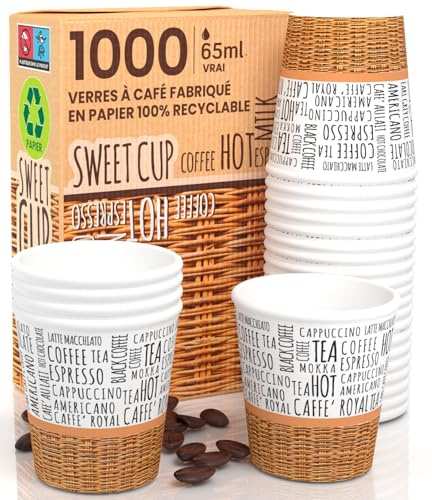 Eurocali 1000 Vasos de Papel para Café Espresso Tamaño Pequeño 65ml Design SweetCUP - Desechables para Llevar Biodegradables Ecológicos para Bebidas Calientes