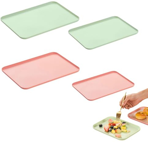 Bustlwor Kunststoff-Tabletts Wiederverwendbares, Rosa, Grün, 4 Stück | Rechteckig Kunststoff Tablett, Rutschfest, Zwei Größen, für Tischdekoration