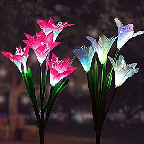 Ulalaza Lot de 2 lampes solaires de jardin multicolores changeantes 4 LED fleur piquet décoratif paysage pelouse cour extérieur lumières lys blanc et rouge La longueur est de 800 mm/30 pouces