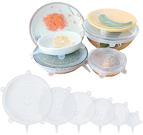 6 PCS Silicone Lids Food Covers, 6 Different Sizes Reusable Lids for Cups Bowls, Silicone Stretch Lid Microwave Freezer Can, 100% Safe Food Grade Round Shaped Tin Cover (White)