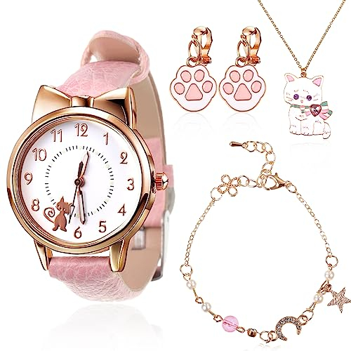 Montre Chat Pour Enfant, Montre-Bracelet en Forme de Chat, Facile À Lire, Montre Fille, Simple Montre Décontractée Pour Enfants, Collection de Colliers Pour Enfants, 6-15ans