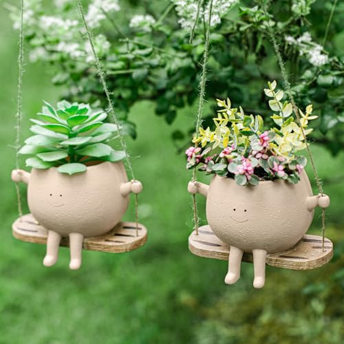 Domensi 2 Stück Swing Hanging Planter Cute Pflanzgefäße für Outdoor-Pflanzen Indoor Gesicht Hängende Kopf Sukkulenten Töpfe für Schnur Harz Schöne Blumentöpfe Pflanzenhänger Indoor mit Drainageloch