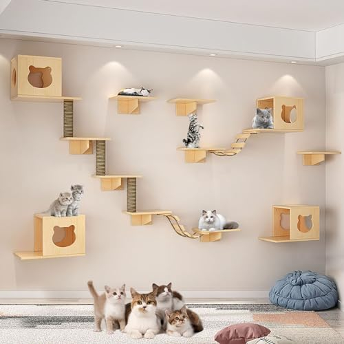 FATACO Kletterwand Katzen Set, Katzen Wand Klettern, Katzenregale Umfassen Katzenhaus, Katzenkratzbaum, Katzenwandstufen, Sprungplattform, Robust und Langlebig, Platzsparend (Size : B10-18PCS)