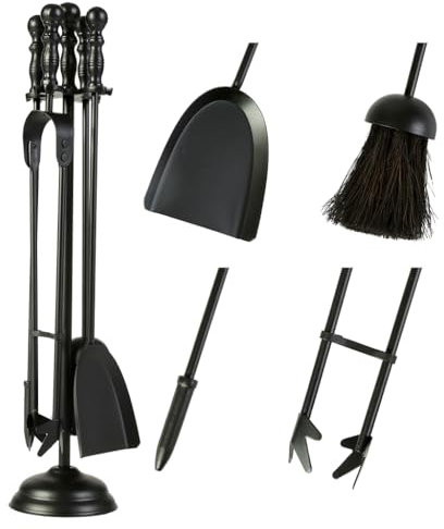 5pc Fireplace Companion Set - Matte Black Indoor Fireplace Hearth Stove Wood Log Burner Accessories Brush, Shovel, Fire Poker & Tongs Recycled Iron Fireplace Tools