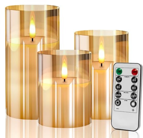 SINZUX Gold Glass Flameless Battery Candles Flickering with Remote,Timer, Wicking Operated Realistic Real Wax Warm Light LED Candle, for Party Wedding Festival Tabletop Decoration, Set of 3