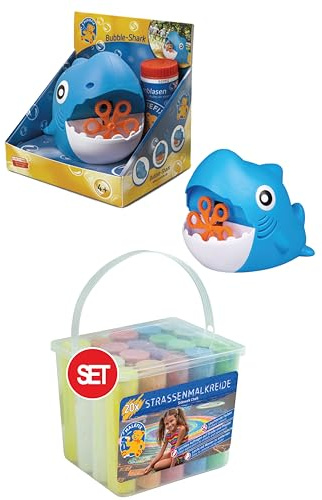 PUSTEFIX Mini Seifenblasenmaschine Hai & MALEFIX Straßenkreide 20er Packung I Seifenblasen Kinder Set I Bubble Spaß bei Kinderpartys & Geburtstagen