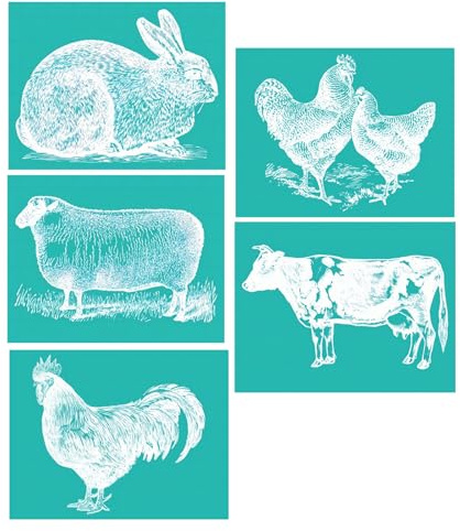 5 Pcs Farm Animal Self Adhesive Silk Screen Stencil Rabbit Sheep Cow Chicken Reusable Mesh Silk Screen Transfer DIY Screen Printing Template for Painting on Wood, Pillow, Fabric, Wall DIY Home Decor
