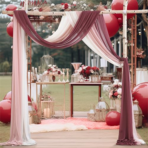 Surwin Hochzeit Vorhang Hochzeitsbogen 3 Stücke Chiffon Stoff Querbehang Deko Gardinen Vorhang Tüll Vorhänge Hochzeitsbögen für Fotografie Party Hochzeit 3 Farben (Braun lila,75x550cm(18FT))