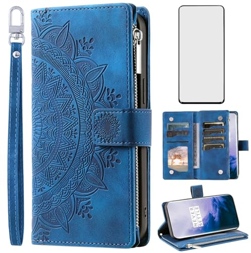 Asuwish Funda tipo cartera para OnePlus 7 Pro con protector de pantalla y correa para la muñeca, diseño de mandala, flor, cremallera, tarjetero, celular, OnePlus7Pro, 5G, One Plus, 1+7, 1Plus,