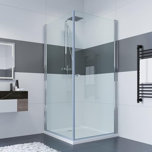 IMPTS Duschkabine Eckeinstieg mit Diagonalen Sicherheitsstange 75x70x185 cm, Duschabtrennung mit Falttür Rahmenlos Eckdusche Duschtür Scharniertür Glas, ohne Duschtasse & Ablauf