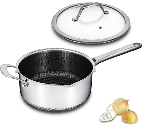 Bakoniion Hybrid Nonstick 4 QT Saucepan with Lid, Stainless Steel Honeycomb Pot with Two Pour Spouts,Compatible with All Cooktops,Dishwasher and Oven Safe