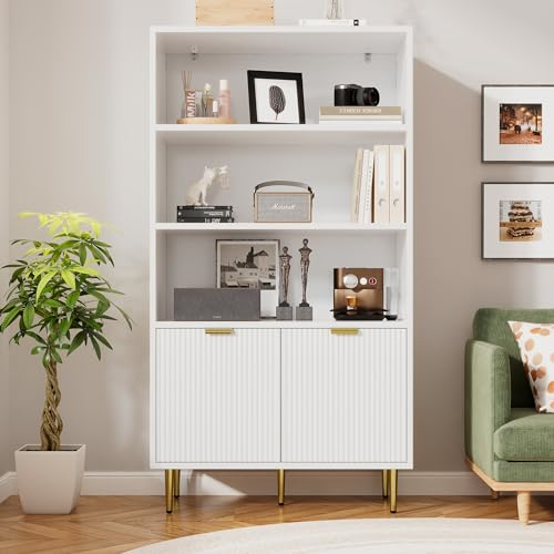 Badezimmerschrank, Eleganter weißer Hochschrank Badschrank, 2 Türen, 3 Fächer für offene Lagerung, Sideboard, Vitrine, Eckschrank, Küchenschränke, Bücherschrank, Mehrzweckschrank, 80x40x140cm