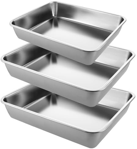 MEIDIV Juego de 3 moldes rectangulares para pasteles, bandejas para hornear, bandeja de horno de acero inoxidable, juego de bandejas para hornear, bandejas profundas para pasteles, galletas y lasaña