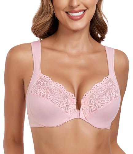 Lemorosy Wide Strap Front Closure Bra Lace Full Figure Underwire(Pink Wide Strap,40E)
