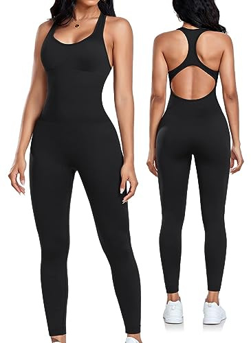OLCHEE Womens Workout Jumpsuits Seamless Racerback Tummy Control, Black M