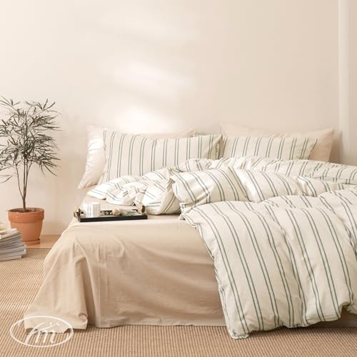 VM VOUGEMARKET Teen Boys Duvet Cover Set Twin,Greyish-Green Stripes Duvet Cover with 2 Pillowcases,Modern Cozy Washed Cotton Comforter Cover with Zipper Closure & Corner Ties 68x90(3pcs,Twin XL)