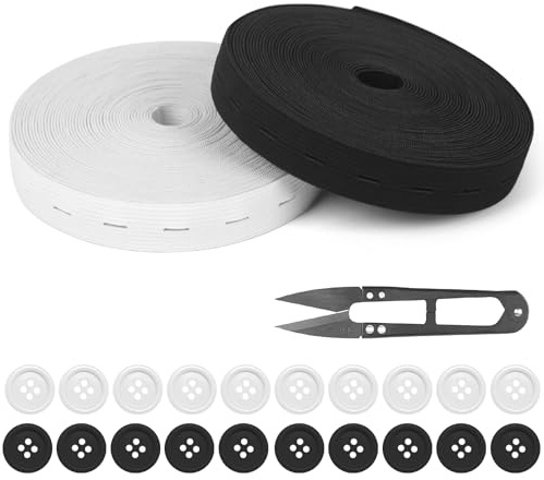 ZMDMAH 2 Rollen 14M Gummiband mit Knopfösen | Gummiband Breite 20mm und 20 Knöpfe mit einer Schere, Elastisches Gummiband Nähen für Hosenrock Stirnband Knöpfe