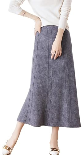 Ailaile Gonna lunga da donna Autunno Inverno 100% Lana Merino Maglia Gonna a Costine Elastico in Vita Calda Gonna Maglione, grigio scuro, XL