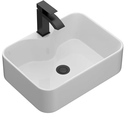 Lordear Bathroom Vessel Sink 19x15 Rectangle Sink Above Counter White Porcelain Ceramic Modern Vanity Sinks Art Basin with Faucet Hole Black Faucet and Black Pop-Up Drain for Bathroom