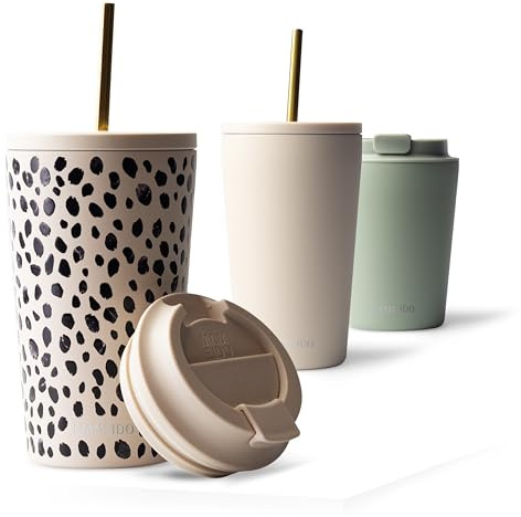 MAMEIDO Insulated Coffee Cup, Tumbler with Straw and Lid 470 ml, Leakproof Travel Mug BPA-Free, Coffee Mug for Hot & Cold Drinks (Almond Flakes)