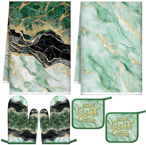 Bencailor 6 pezzi Bencailor 6 pezzi verde oliva cucina Decor | Decorazione da cucina in marmo, 2 presine e guanti da forno, 2 strofinacci da cucina per cuocere al forno e grigliare