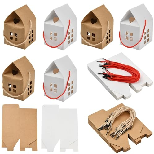 UR URLIFEHALL Geschenkboxen in Hausform mit Griffen, braun-weiße Papierboxen für Kekse, Süßigkeiten, Basteln, Verpackungen, Partygeschenke, 40 Stück