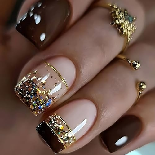 Ceboic 24 Stück Press on Nails Eckig Kurz, Braun Glänzend Nägel zum Aufkleben Französische Kunstnägel Natürlich Künstliche Nägel, Selbstklebende Acryl Fingernägel Fake Nails für Frauen Mädchen