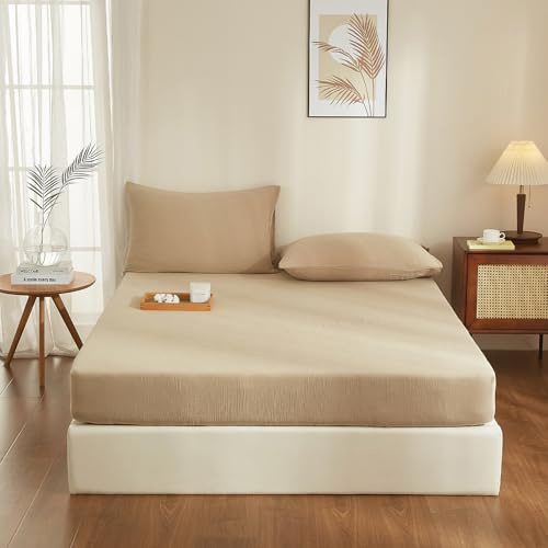 YASMENG Doppelte Muslin Spannbettlaken 200x200cm 100% Baumwolle Khaki Muslin Bettlaken 200x200cm Baumwolle Weich Atmungsaktiv Kuschelige Spannbetttuch Boxspringbett Geeignet für 30cm Matratze