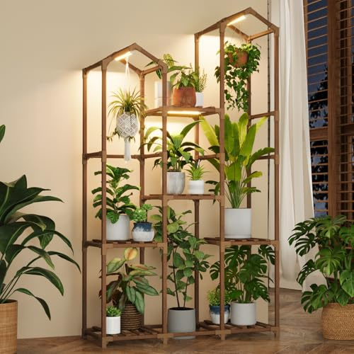 Bamworld Pflanzenständer mit Wachstumslicht, Eckpflanzenregal für den Innenbereich mit Lichtern, hoher Pflanzenhalter für Wohnzimmer, warmes Licht, Pflanzenbehälter, Zubehör für mehrere Töpfe