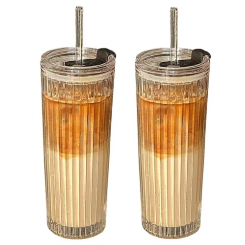 DDMMQS Bicchiere con cannuccia in vetro borosilicato alto 590 ml (2 pezzi), adatto per bere caffè, tè, succhi di frutta, frullati, bevande calde o fredde a casa e in ufficio