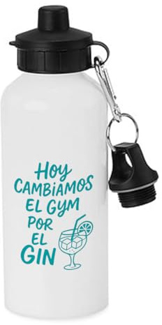 MERCHANDMANIA Bidón deportivo 600 ml acero inoxidable con chupón frase graciosa gimnasio deporte hoy cambiamos el gym por el gin botella escolar deporte bicicleta