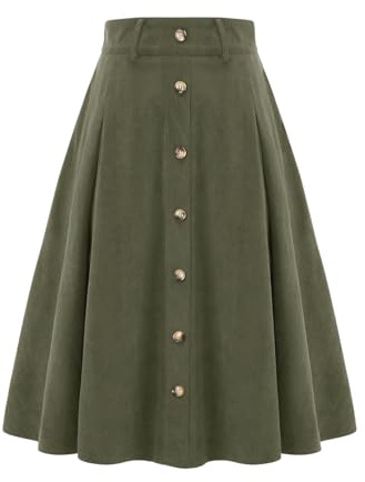Grüner Rock Damen midilang Cordrock A-Linie Vintage Rock Tellerrock Basic Casual Hohe Taille Winterrock Freizeitrock mit Taschen Army Green L
