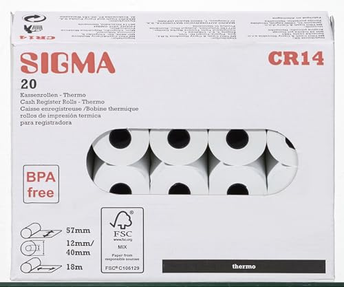 SIGMA Rouleaux de Caisse Thermiques CR14, 57 mm x 18 m, Sans BPA, Lot de 20