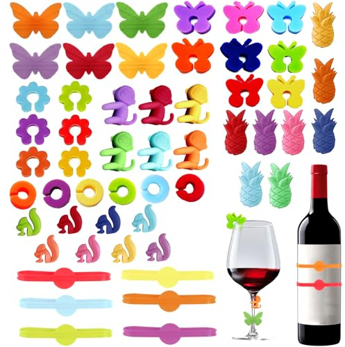Wqafe Glasmarkierer, 54 Stück Glas Markierung, Glasmarker Silikon, Wein Marker, Weinglasmarkierer für Weinglas, Tassen, Wiederverwendbare Weinglasmarker Wein Marker