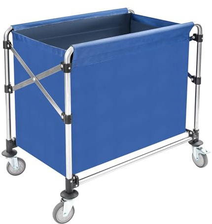 Carro de lavandería con ruedas, de acero inoxidable, carrito de lavandería comercial con bolsa de tela Oxford extraíble, carrito de lavandería plegable, capacidad de carga de 200 kg (azul, 87 x 85 x