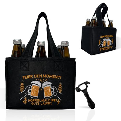 OFFAXE Bierträger aus Filz für 6 Flaschen, faltbare Biertasche mit Griff, stabiler Flaschenträger für Bier, ideal für Picknick, BBQ, Camping, Geschenk für Männer (Schwarz)